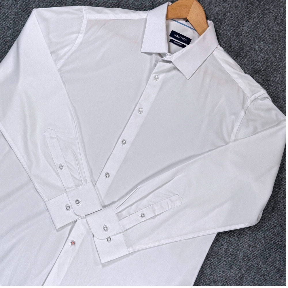 Nautica Men's 16-16.5 34/35 White Regular Fit Stretch Long Sleeve Dress Shirt